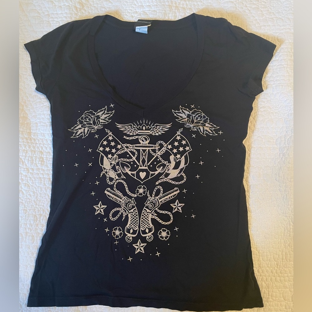 LUCKY 13 Women's Black Cap Sleeve Graphic Tee Size S EUC